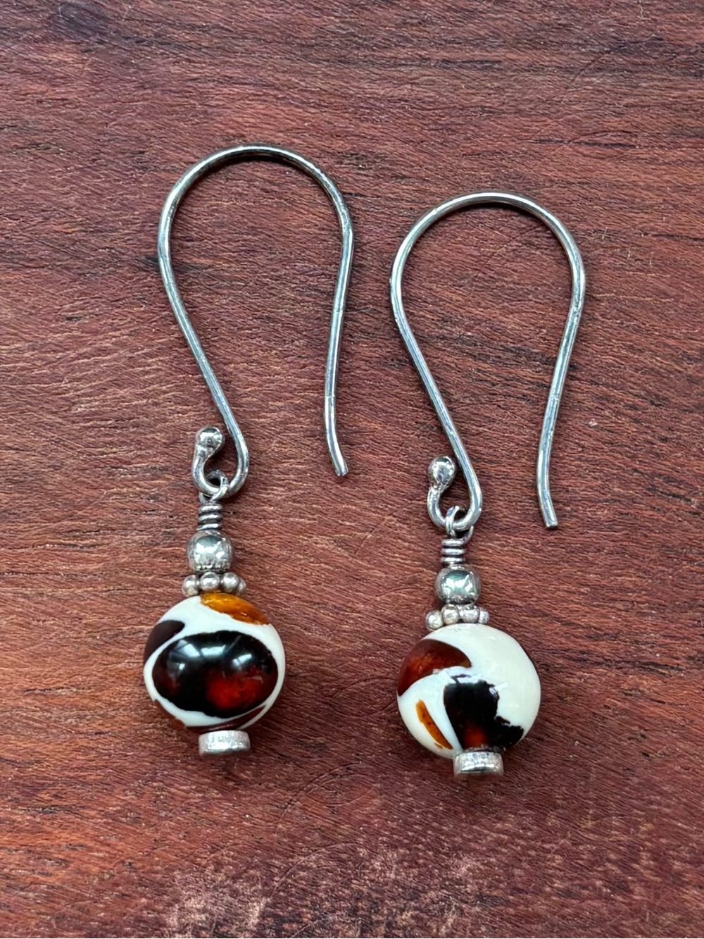 Sterling Silver Brown and Cream Amber Matrix Bead Drop Earrings